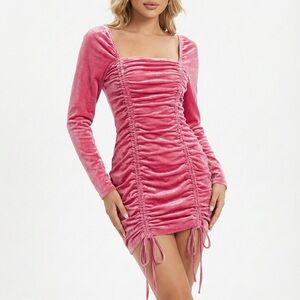 Wild Fable Pink Velvet Ruched Long Sleeve Square Neck Bodycon Mini Dress Size Xl